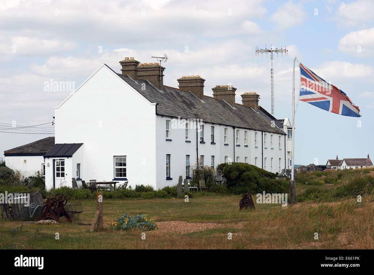 Ehemaligen Küstenwache Hütten Shingle Street Suffolk UK Stockfoto