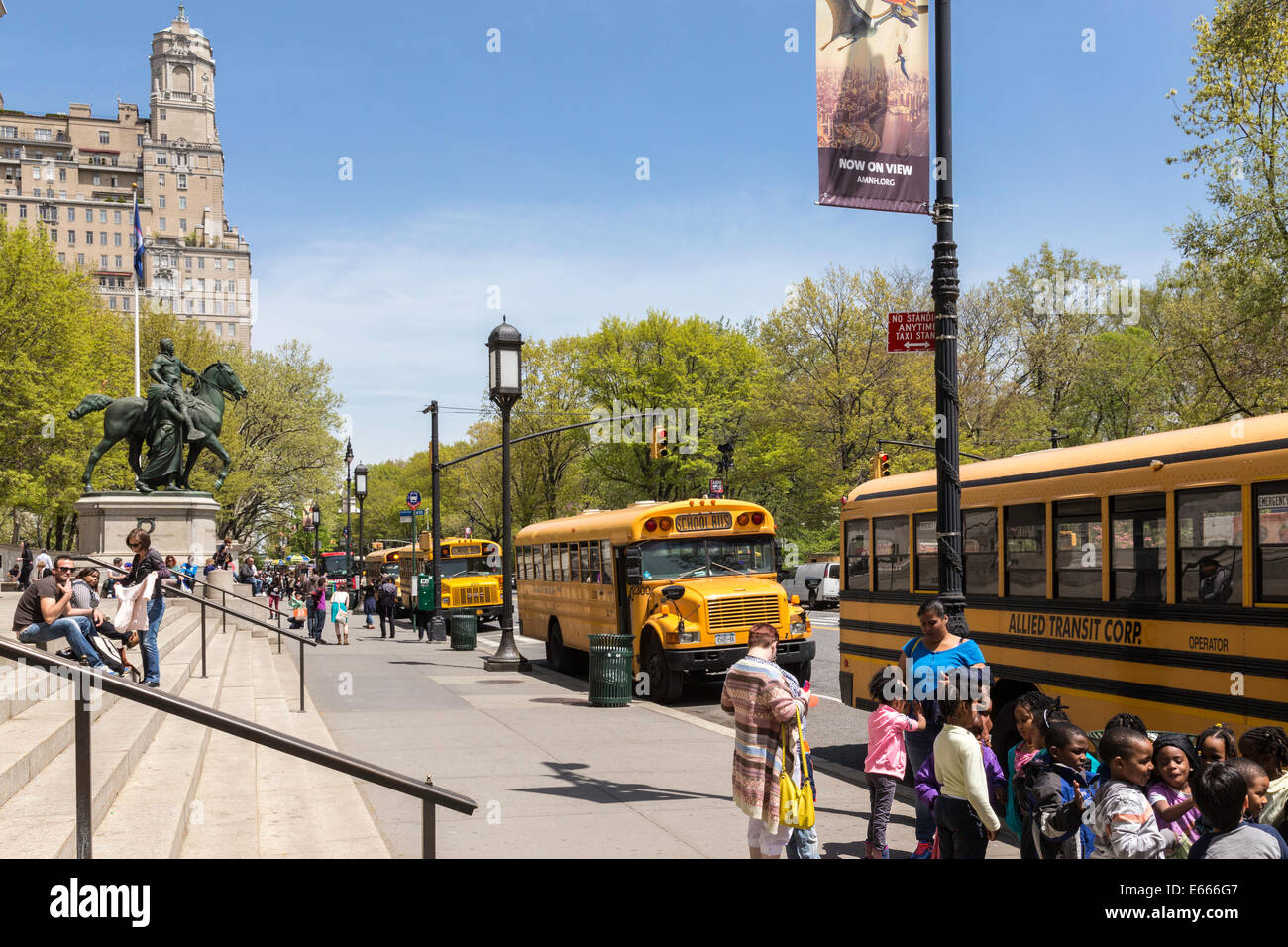 Schulbusse für Grundschule Klasse reisen, das American Museum of Natural History, New York Stockfoto
