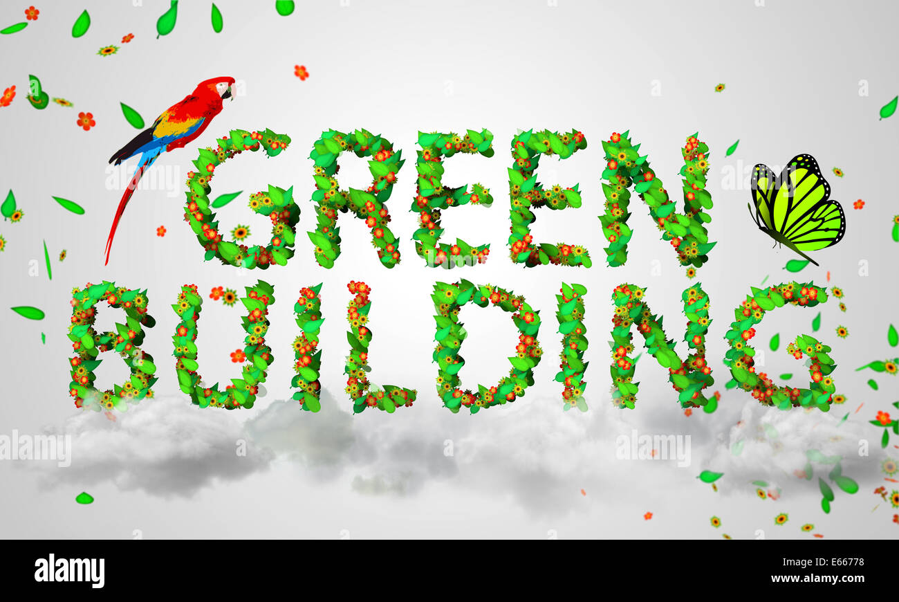 Green Building verlässt Partikel 3D Text-Kunst-Natur Stockfoto