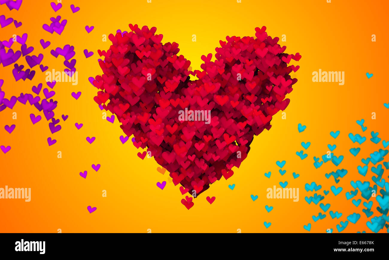Rote Liebe Partikel Herzform 3D orange Hintergrund Stockfoto