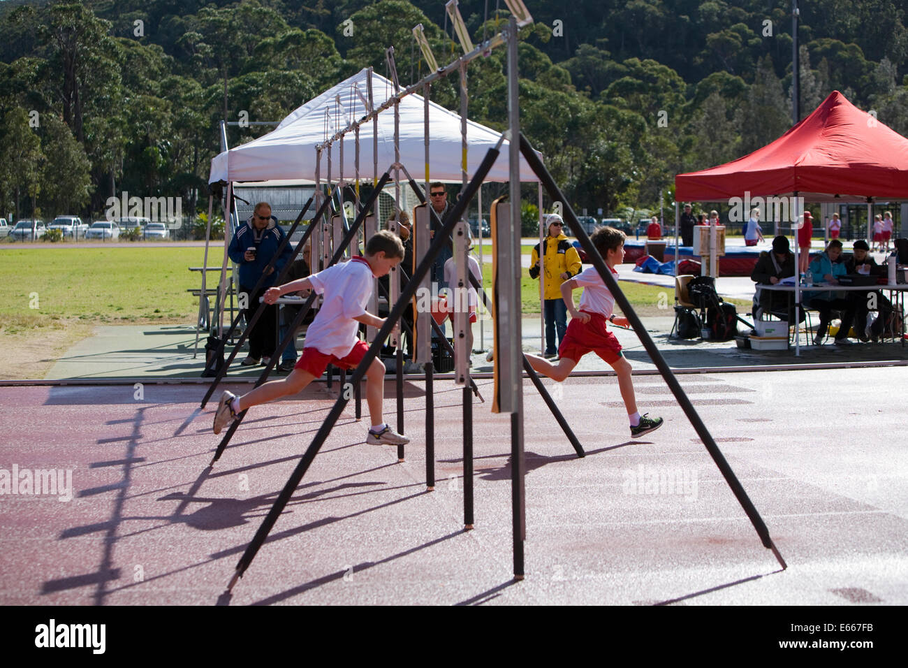 australische Sydney Grundschule Leichtathletik Tag und 100m beenden für Jungen im Alter von 9, Sydney, Australien Stockfoto