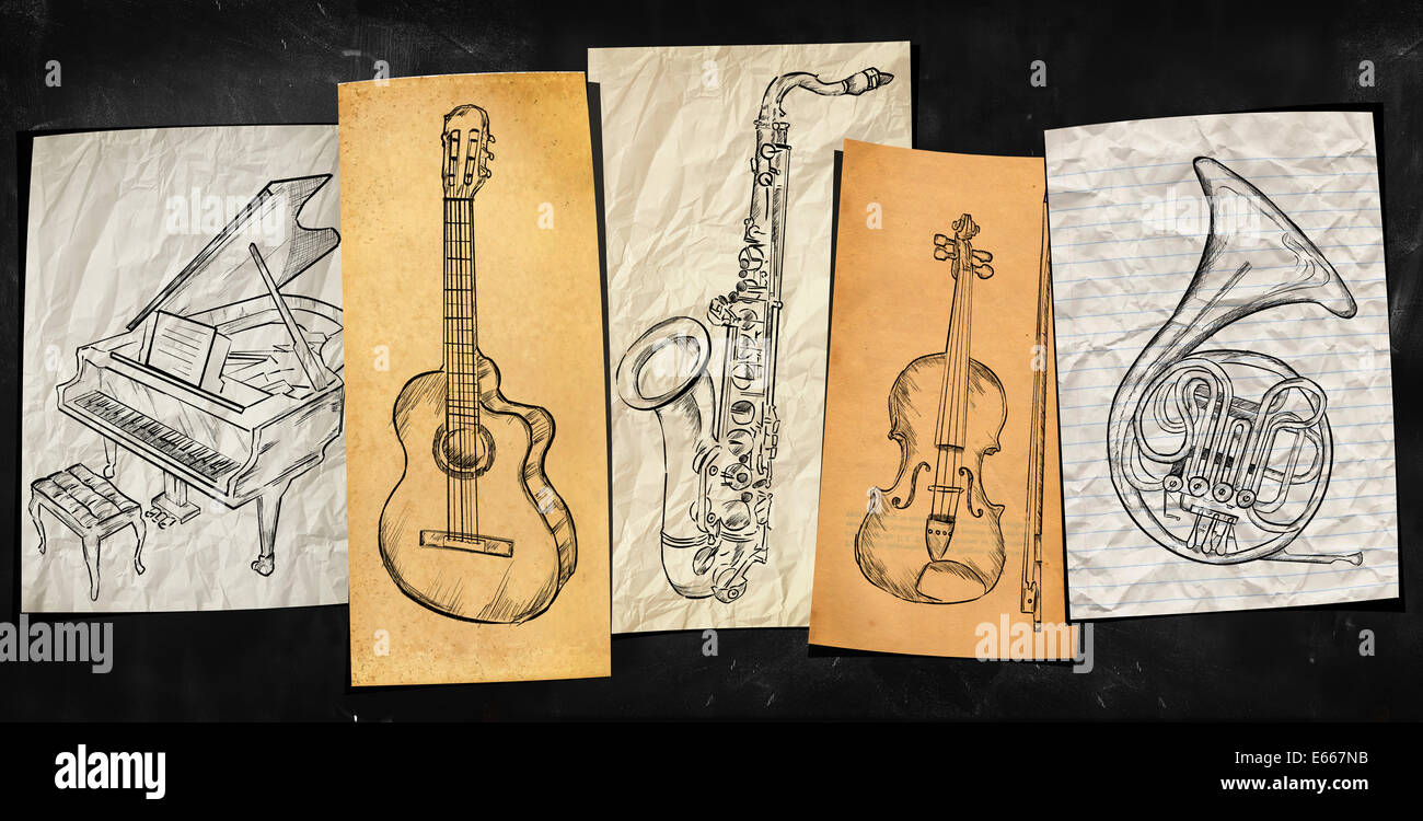 Kunst-Instrumente Musik Kunst Hintergrundpapier an Tafel Stockfoto