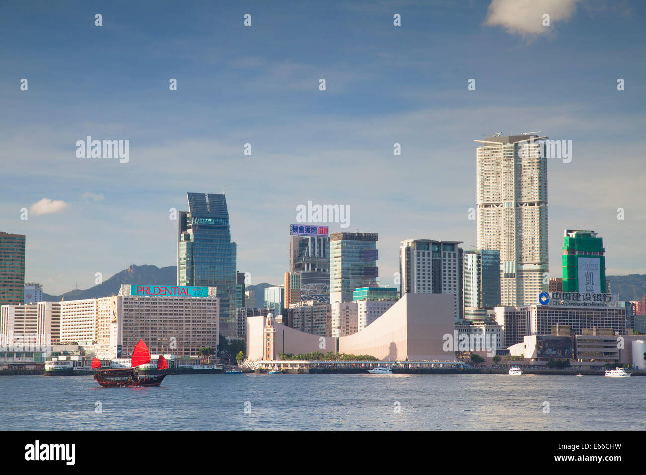 Dschunke vorbei Tsim Sha Tsui Skyline, Kowloon, Hongkong Stockfoto