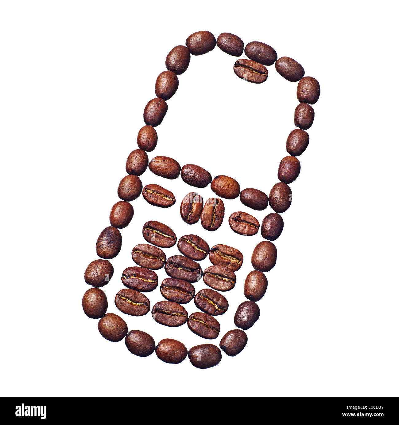 Kaffeebohnen in Form eines Mobiltelefons isoliert auf weiss Stockfoto