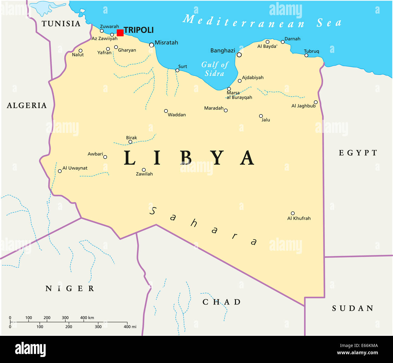 Libyen politische Karte mit Hauptstadt Tripolis, mit nationalen Grenzen und die wichtigsten Städte. Abbildung mit englischer Beschriftung Stockfoto