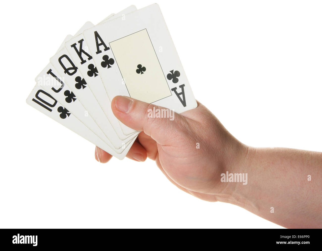 Hand, die Royal Flush - höchste Pokerblatt isoliert auf weißem Hintergrund Stockfoto