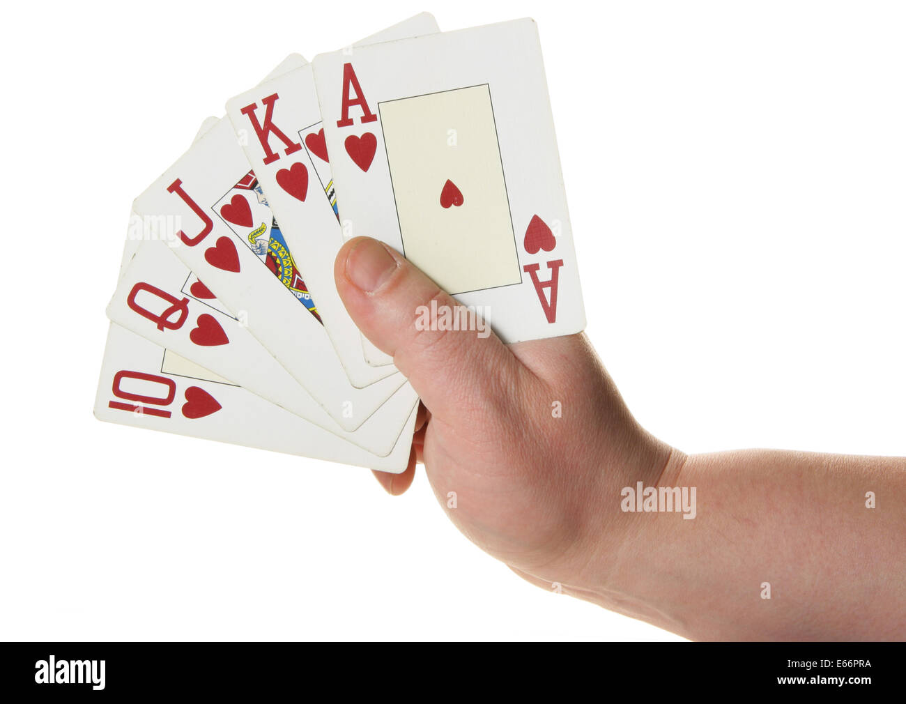 Royal Flush - höchste Pokerblatt isoliert auf weißem Hintergrund Stockfoto