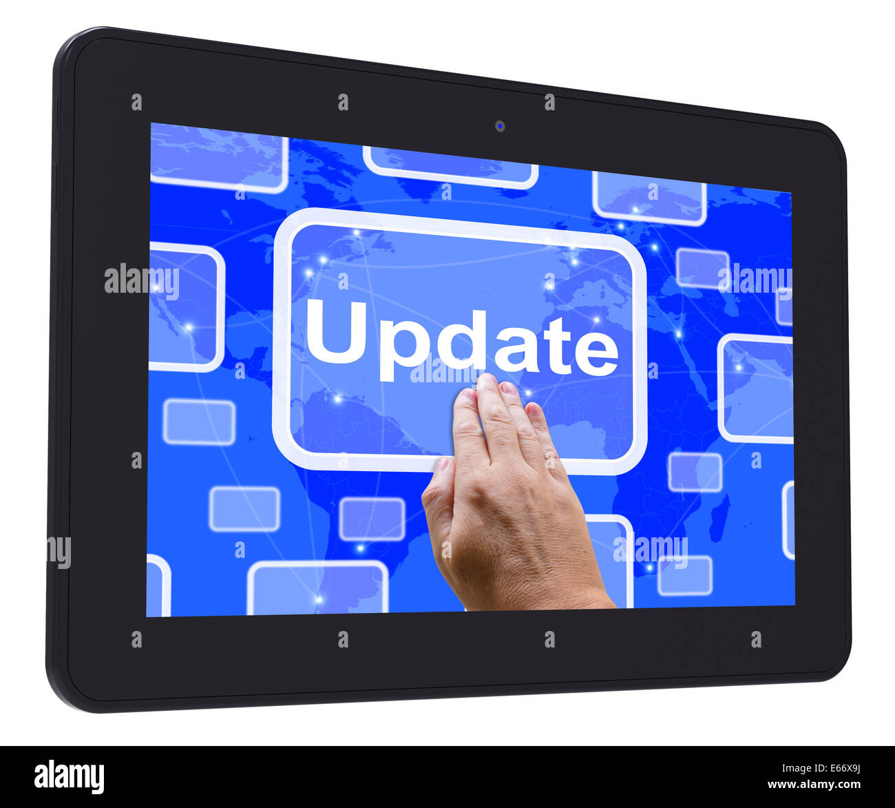 Aktualisieren Sie Touchscreen Tablet zeigt Upgrade aktualisierte Version Stockfoto