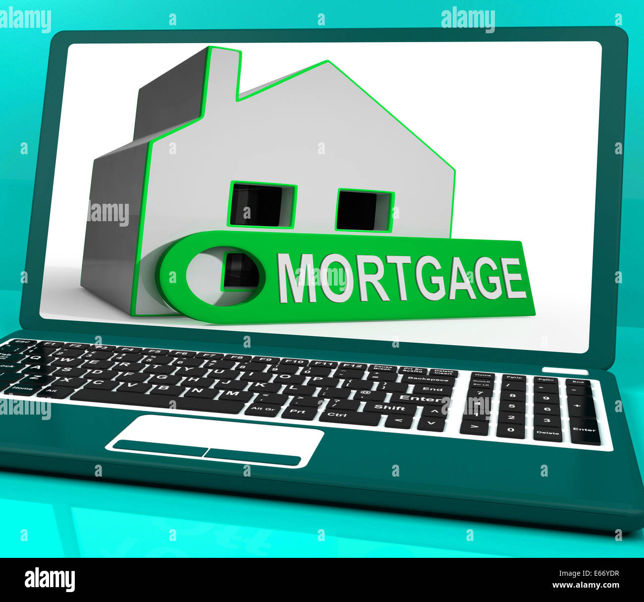 Hypothek Haus Laptop zeigt wegen Geld für Unterkunft Stockfoto