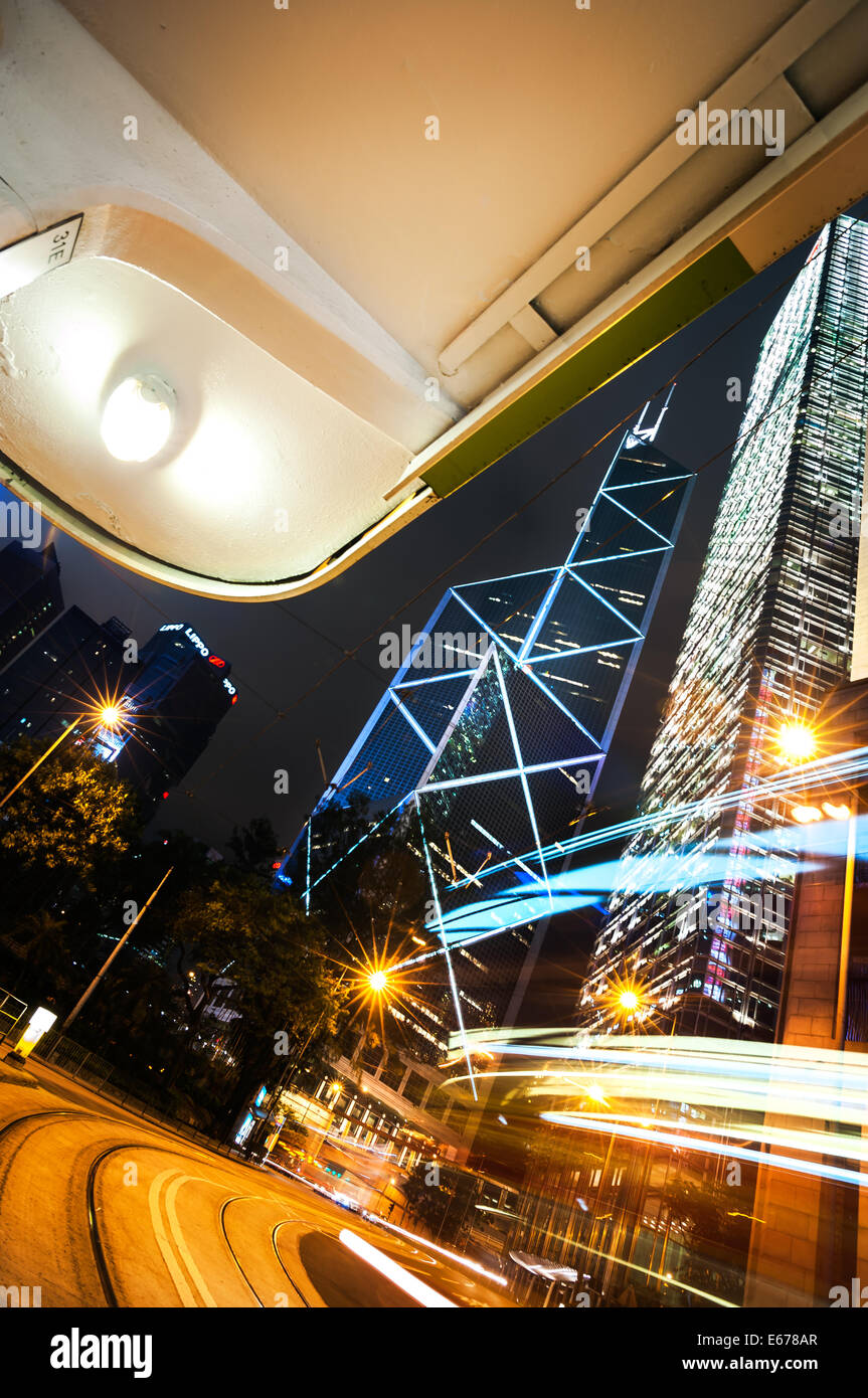 Bank of China Tower und helle Streifen, Hong Kong Stockfoto