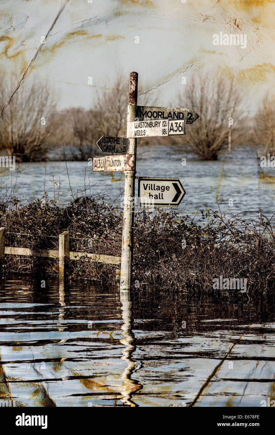 Ein Wasser beschädigte Foto von Überschwemmungen in Somerset Stockfoto