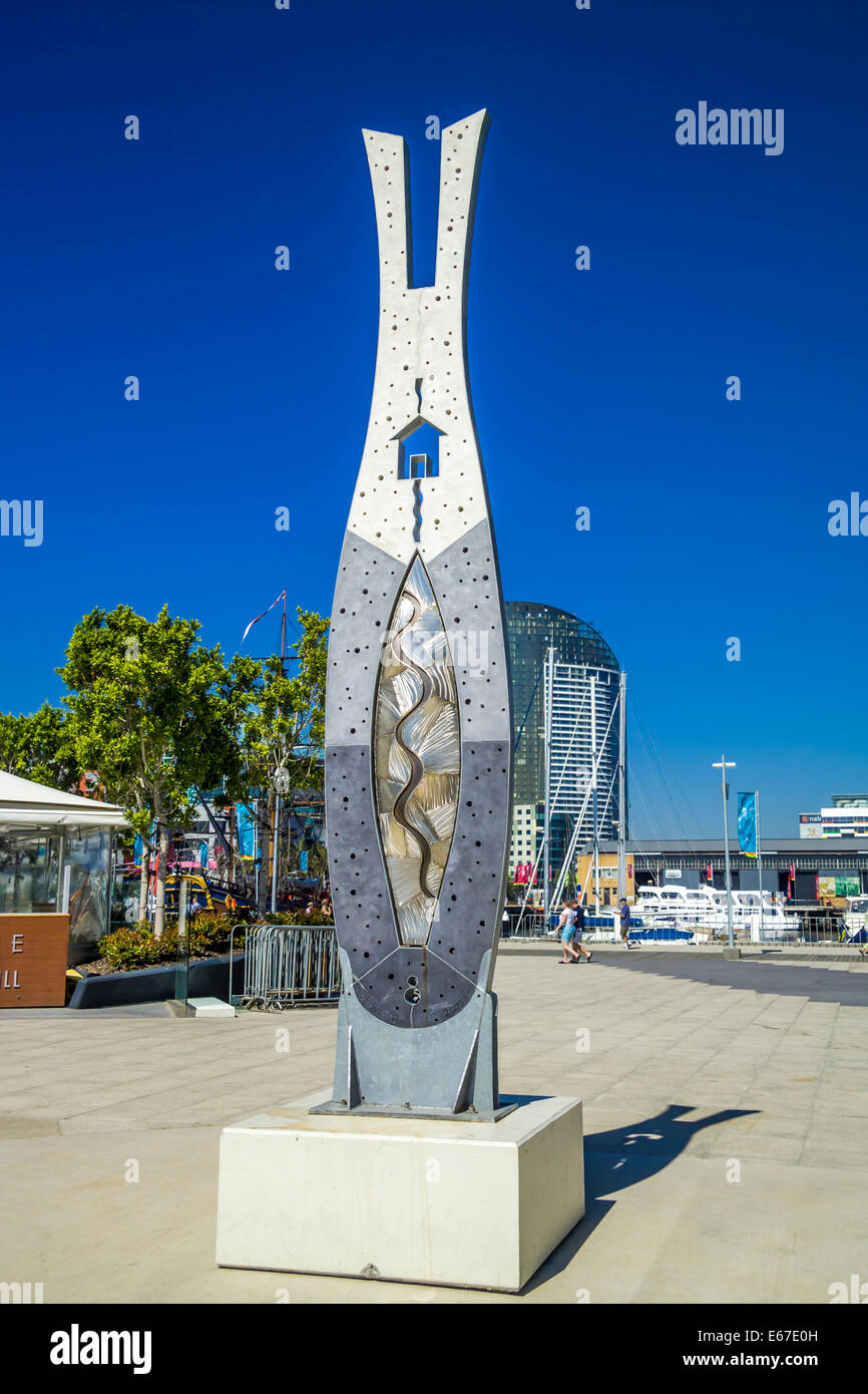 graue und weiße Metall-Skulptur, Docklands Melbourne Victoria Australien Stockfoto