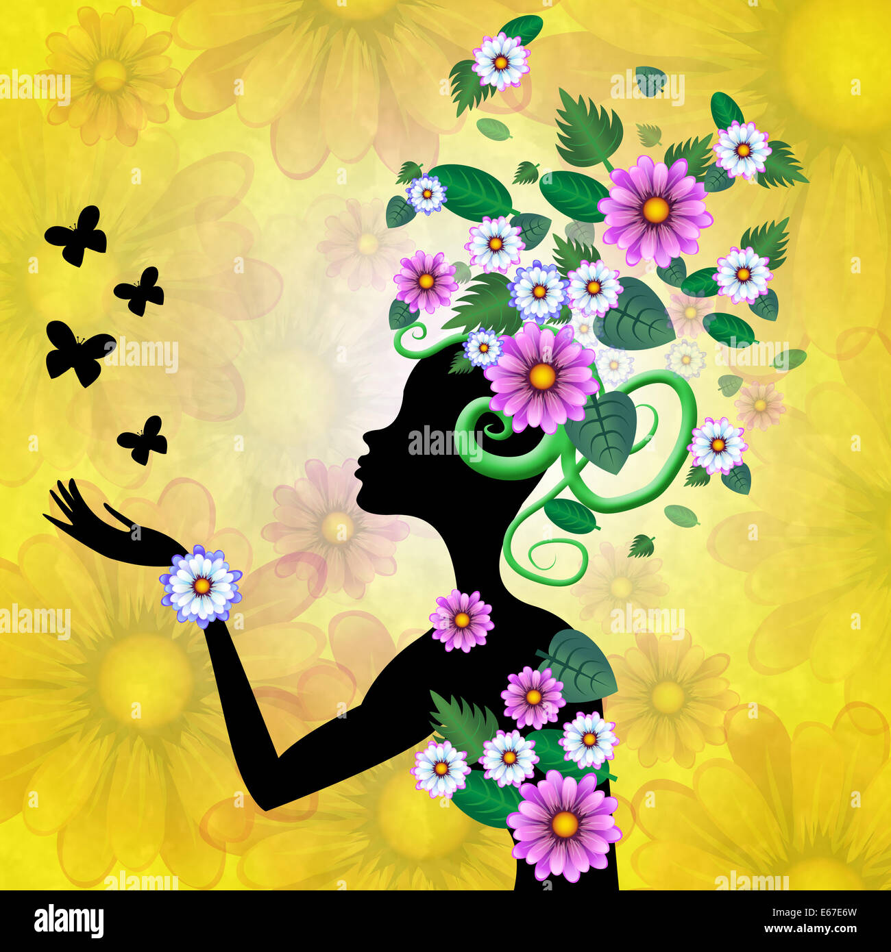 Schmetterlinge-Haar die weiblichen Tiere und Frau Stockfoto