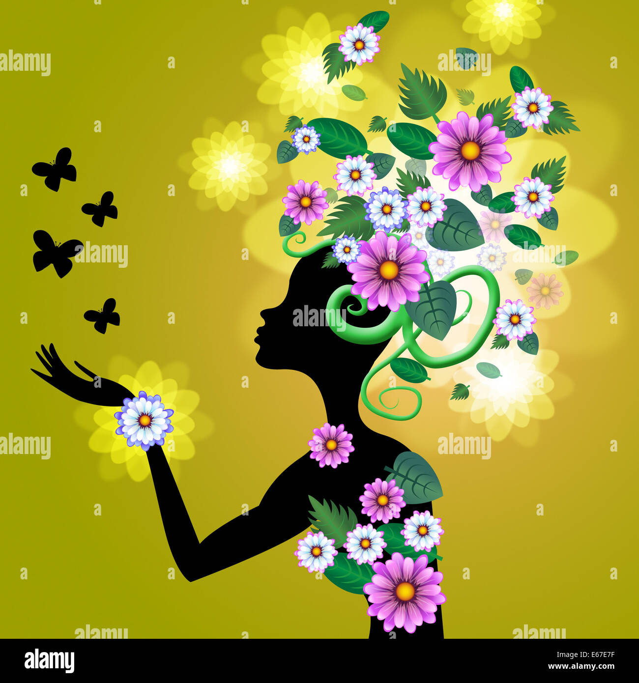 Blumen Haar Angabe Blütenblatt Frisur und weiblich Stockfoto