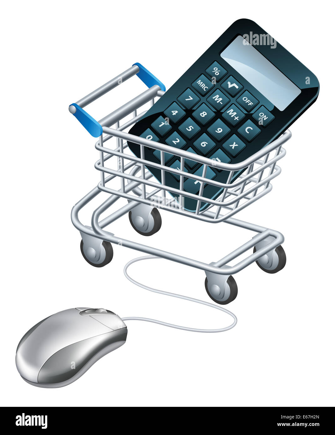 Online-Buchhaltung-Konzept, eine Computermaus angeschlossen zu einem Supermarkt Einkaufswagen Einkaufswagen mit einem Taschenrechner drin. Stockfoto