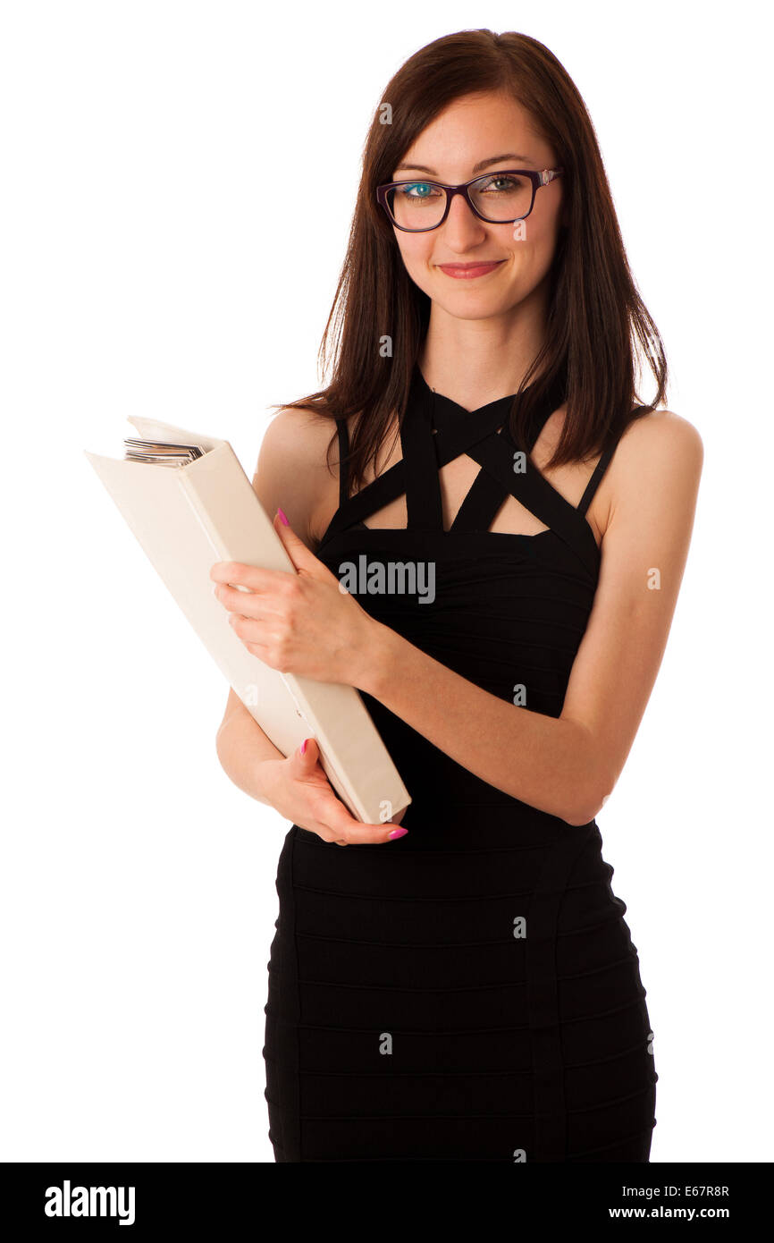 Junge Studentin mit einem Ordner in ihren Händen isoliert auf weißem Hintergrund Stockfoto