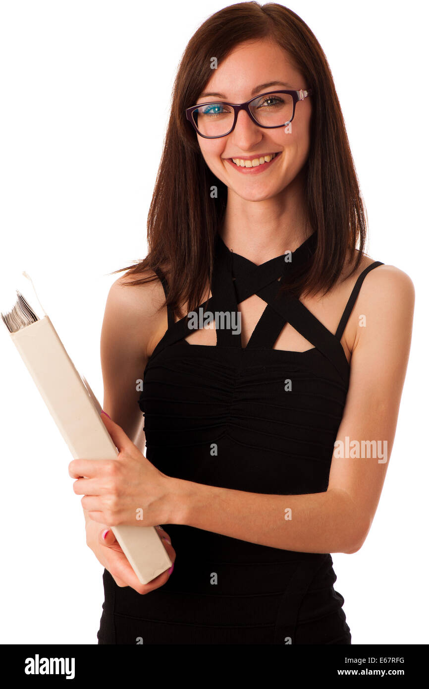 Junge Studentin mit einem Ordner in ihren Händen isoliert auf weißem Hintergrund Stockfoto