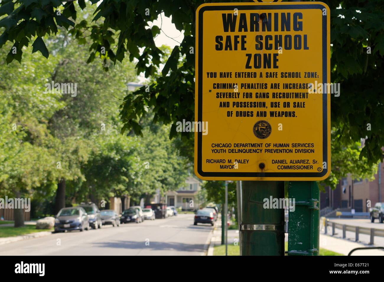 Sichere Schule-Zone-Warnschild, Chicago, Illinois Stockfoto