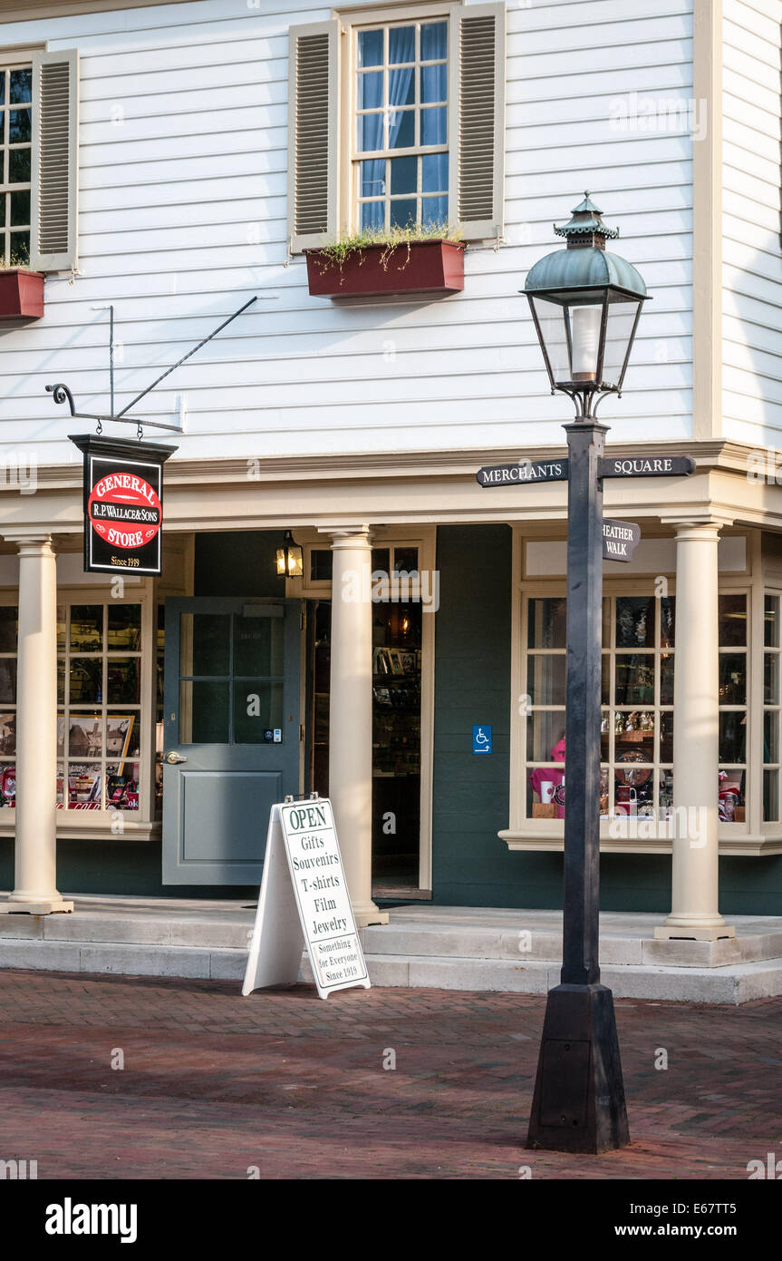 R.P Wallace & Söhne Gemischtwarenladen, Duke of Gloucester Street, Kaufleute Square, Colonial Williamsburg, Virginia Stockfoto