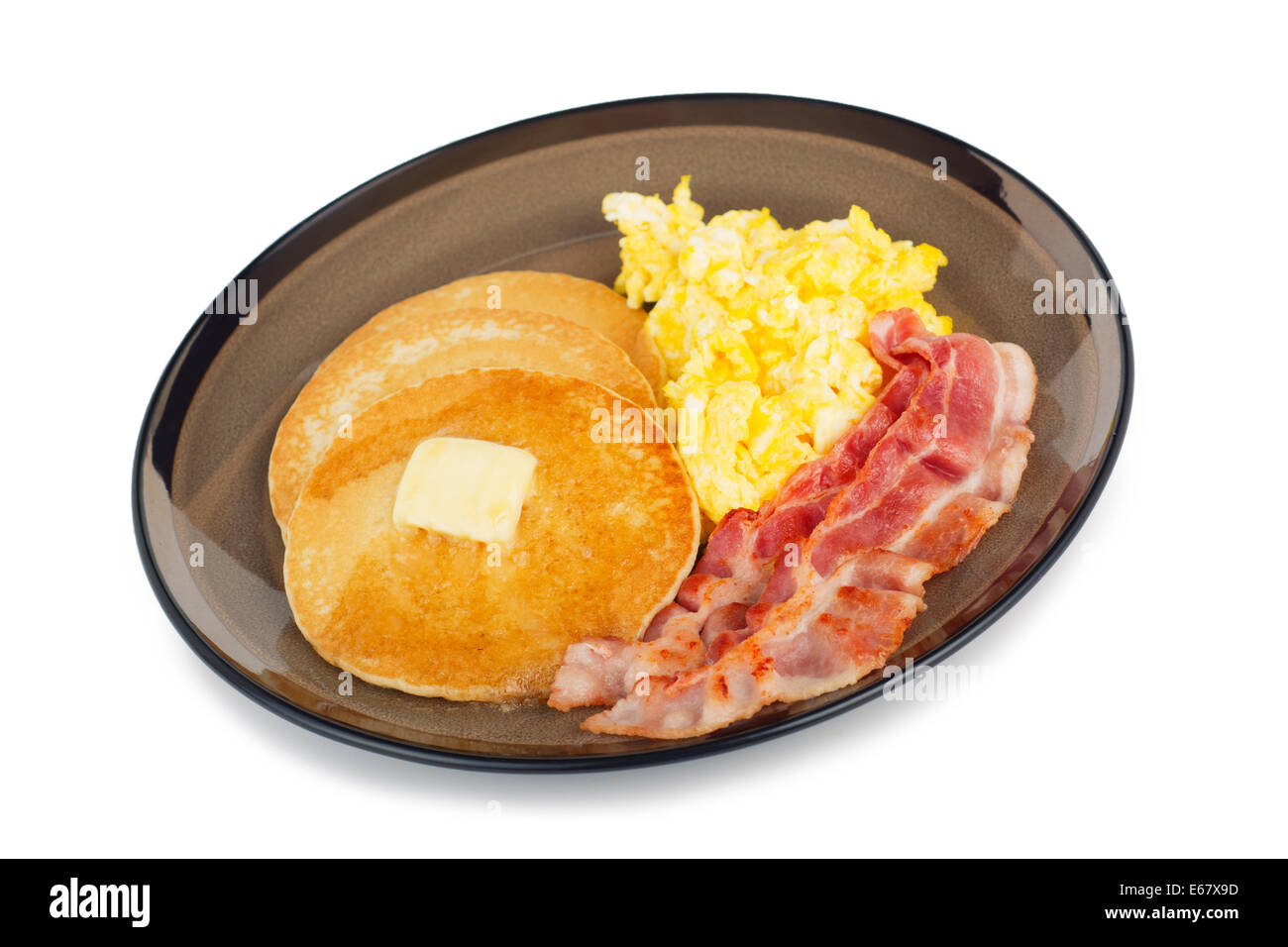 Speck-Eiern, Rührei, Pfannkuchen Pfannkuchen Frühstück Stockfoto