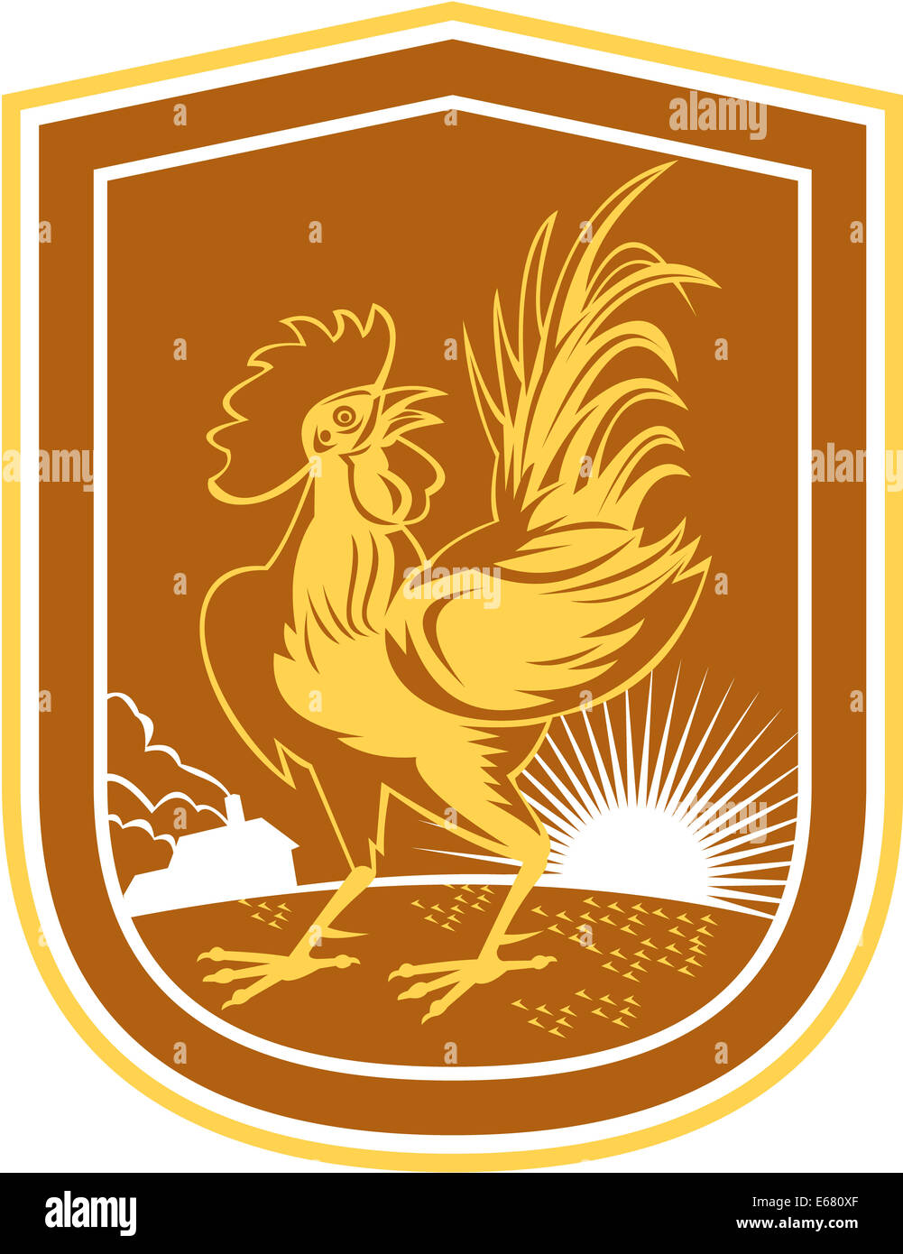 Abbildung von einem Huhn Hahn zugewandten Seite im Inneren Schild Wappen mit Haus Bauernhof und Sunburst im Hintergrund getan im retro-Stil. Stockfoto