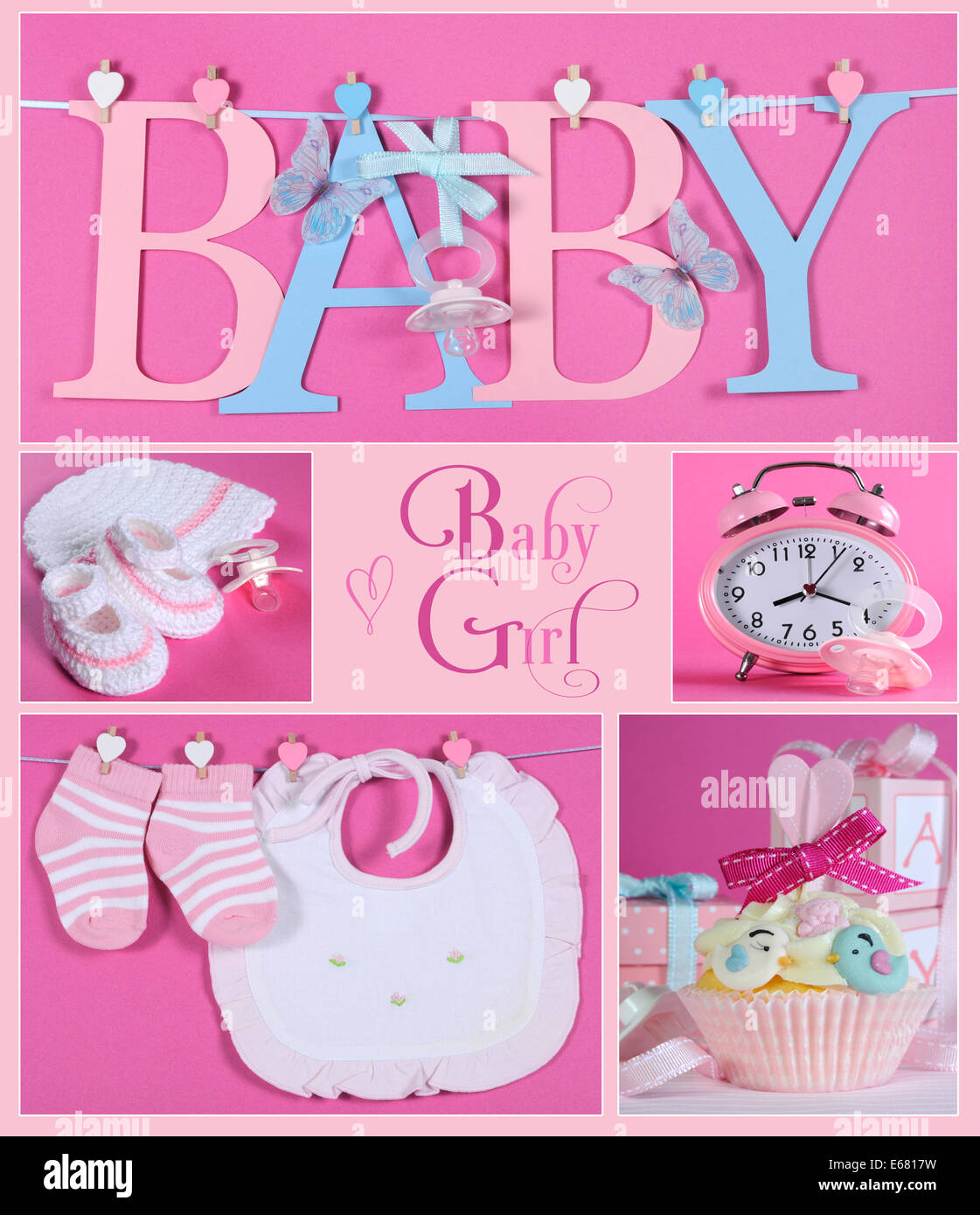Collage aus fünf rosa Thema Baby Mädchen Bilder und Beispieltext Stockfoto