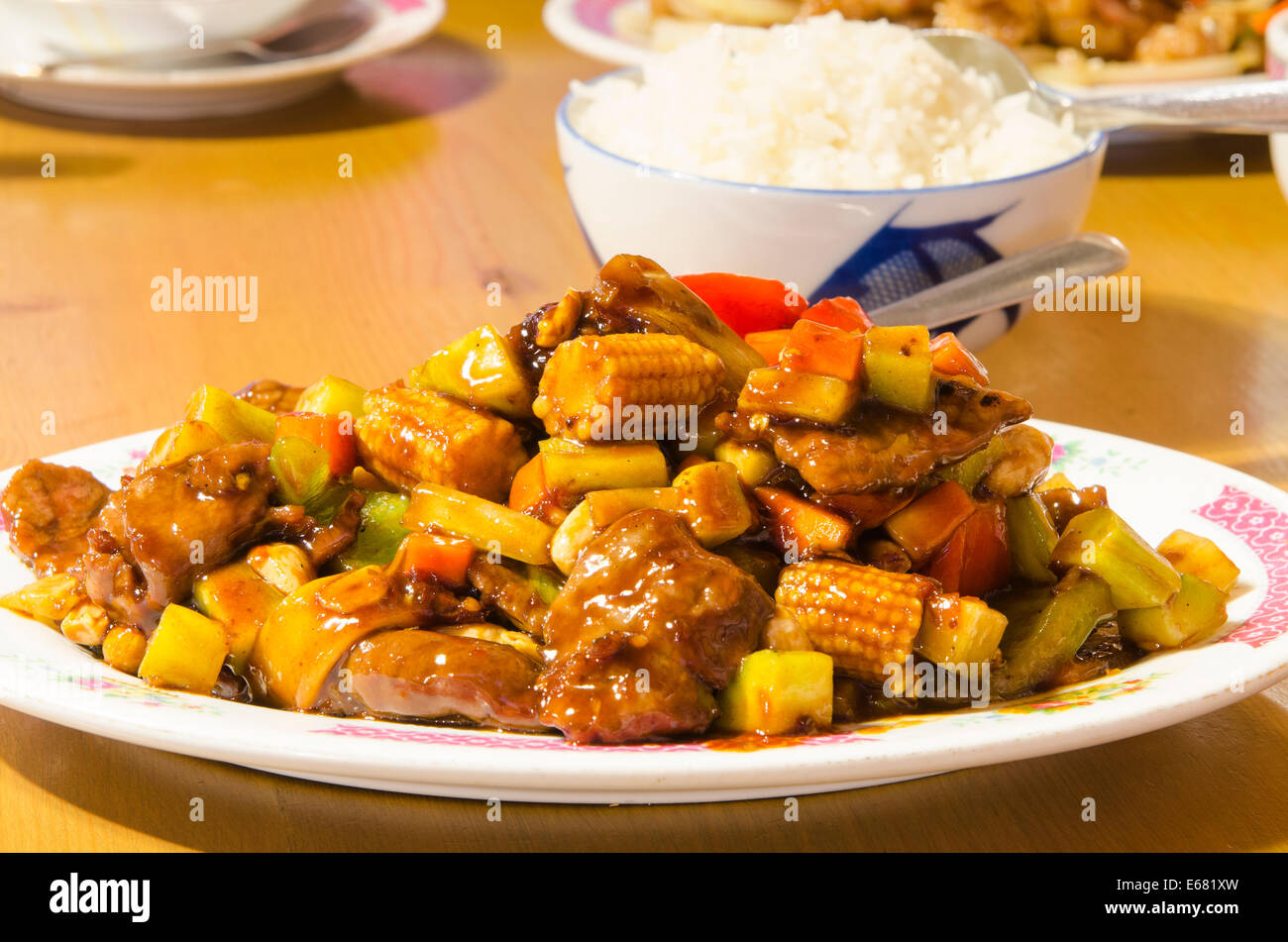 Chinesisches Essen Rmeal Gericht Estaurant in Altgold Altstadt Barkerville, British Columbia, Kanada. Stockfoto
