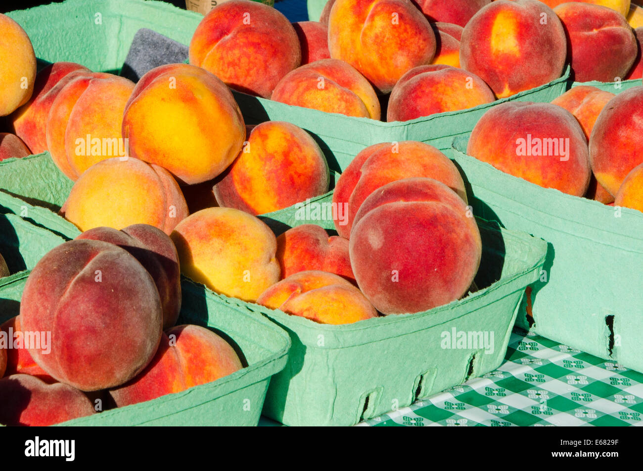 Pfirsiche Pfirsich Frucht auf dem Bauernmarkt Okanagan Valley, Kelowna, inneren British Columbia, BC, Kanada. Stockfoto