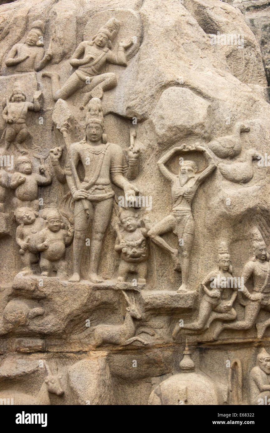Arjuna dabei seine Buße oder Herabkunft des Ganges Palava Carving in Mahabalipuram, die weltweit größte monolithische Steinbildhauen Stockfoto