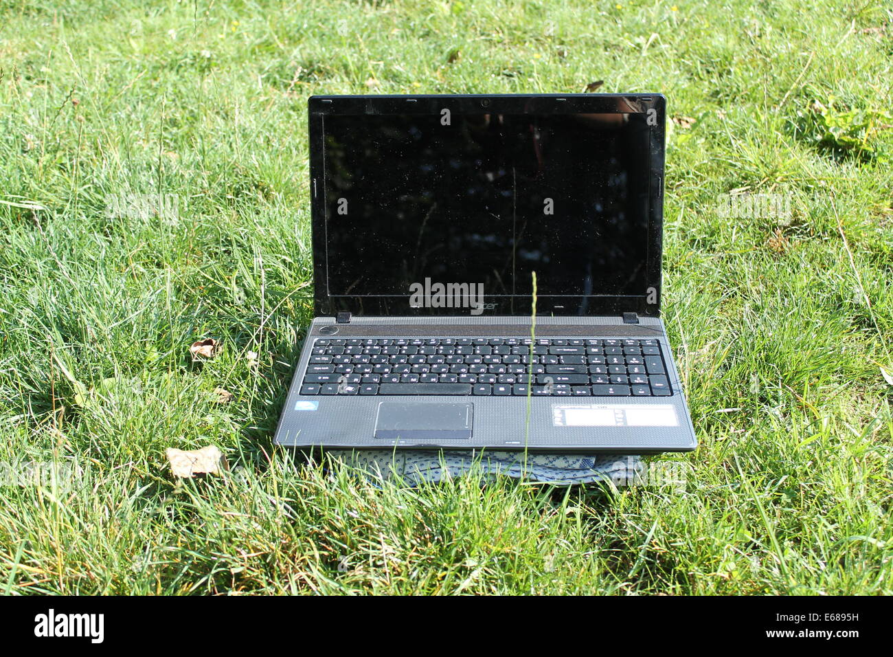 graue Mobilcomputer bleiben im grünen Sommer Außenstelle auf Natur Stockfoto