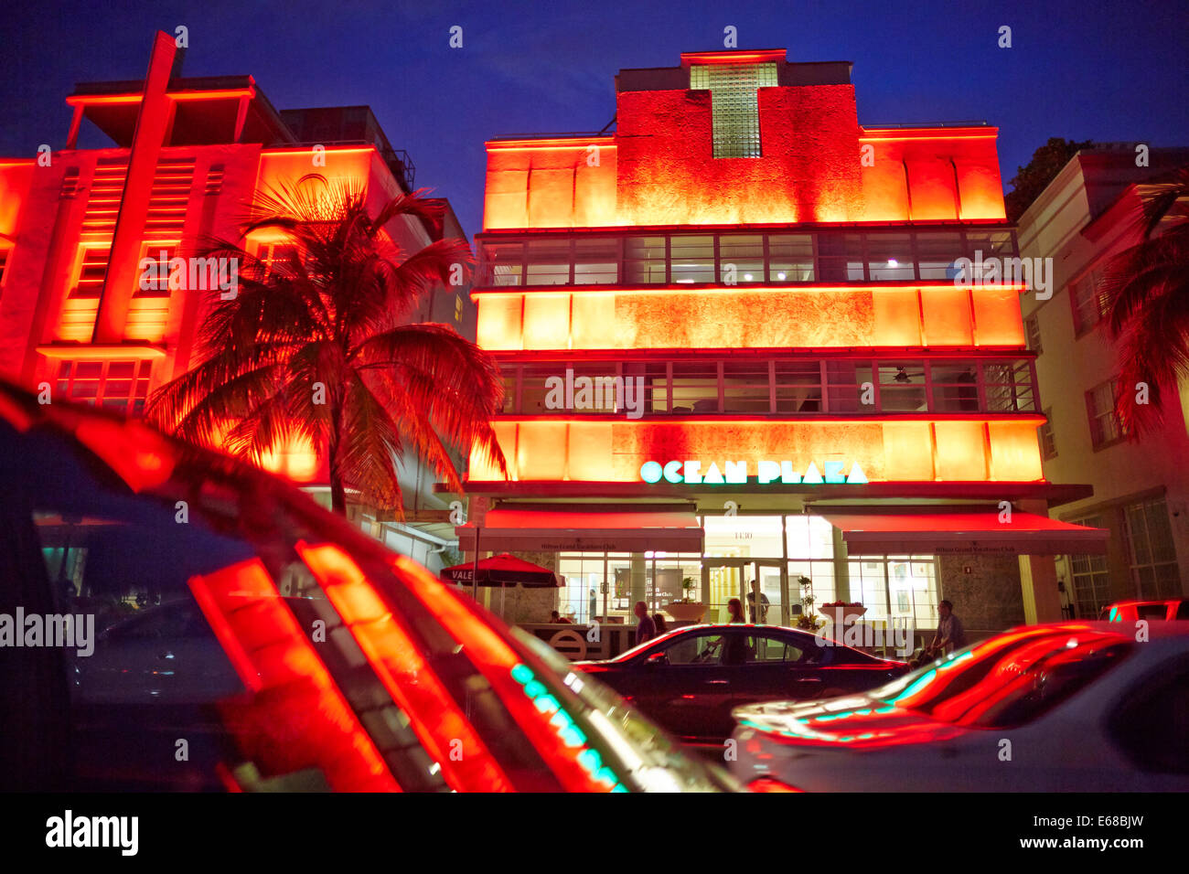 Ocean Drive in der Nacht, Miami in Florida USA Stockfoto