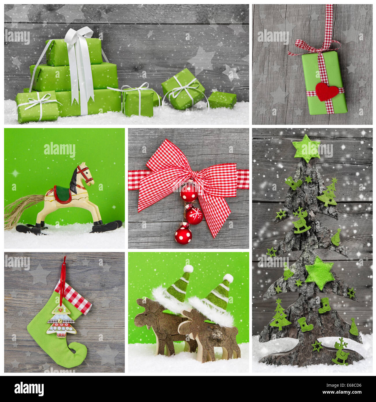 Frohe Weihnachten-Grußkarte. Weihnachten Dekoration in rot-weiß-grünen Farben mit Holz. Country-Stil. Stockfoto Frohe Weihnachten-Grußkarte. Weihnachten Dekoration in rot-weiß-grünen Farben mit Holz. Country-Stil. Stockfoto