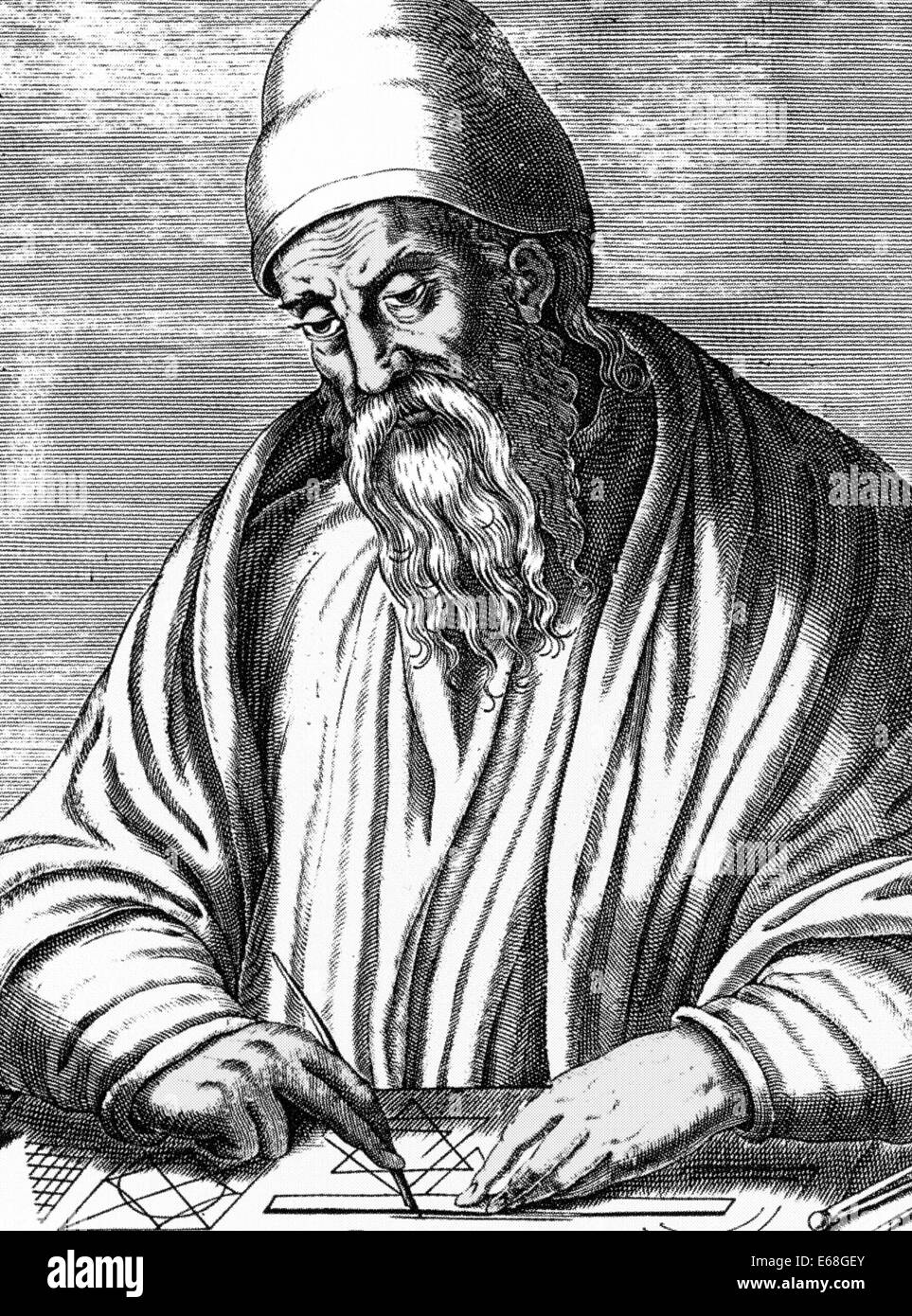 Antike griechische Mathematiker Euklid in einem 1584-Kupferstich von Andre de Thevet Stockfoto