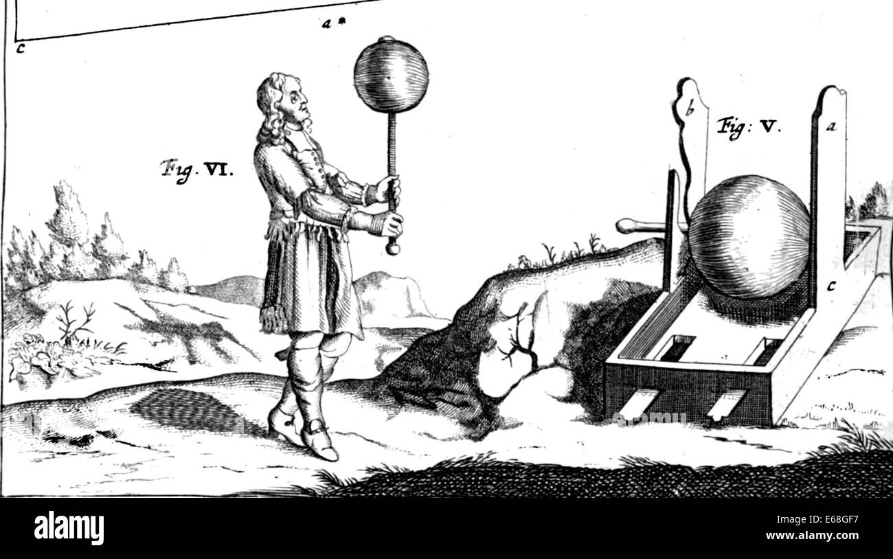 OTTO von GUERICKE (1602-1686) deutsche Wissenschaftler. Eine 1672 Gravur seiner Experimente mit einem Schwefel-Globus Stockfoto