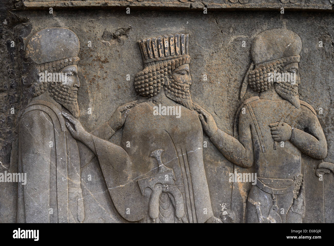 IRAN, Basrelief Darstellung eines persischen Adligen zwei Mede Noblemans, Osten Treppe, Apadana, Persepolis (UNESCO-Weltkulturerbe Stockfoto