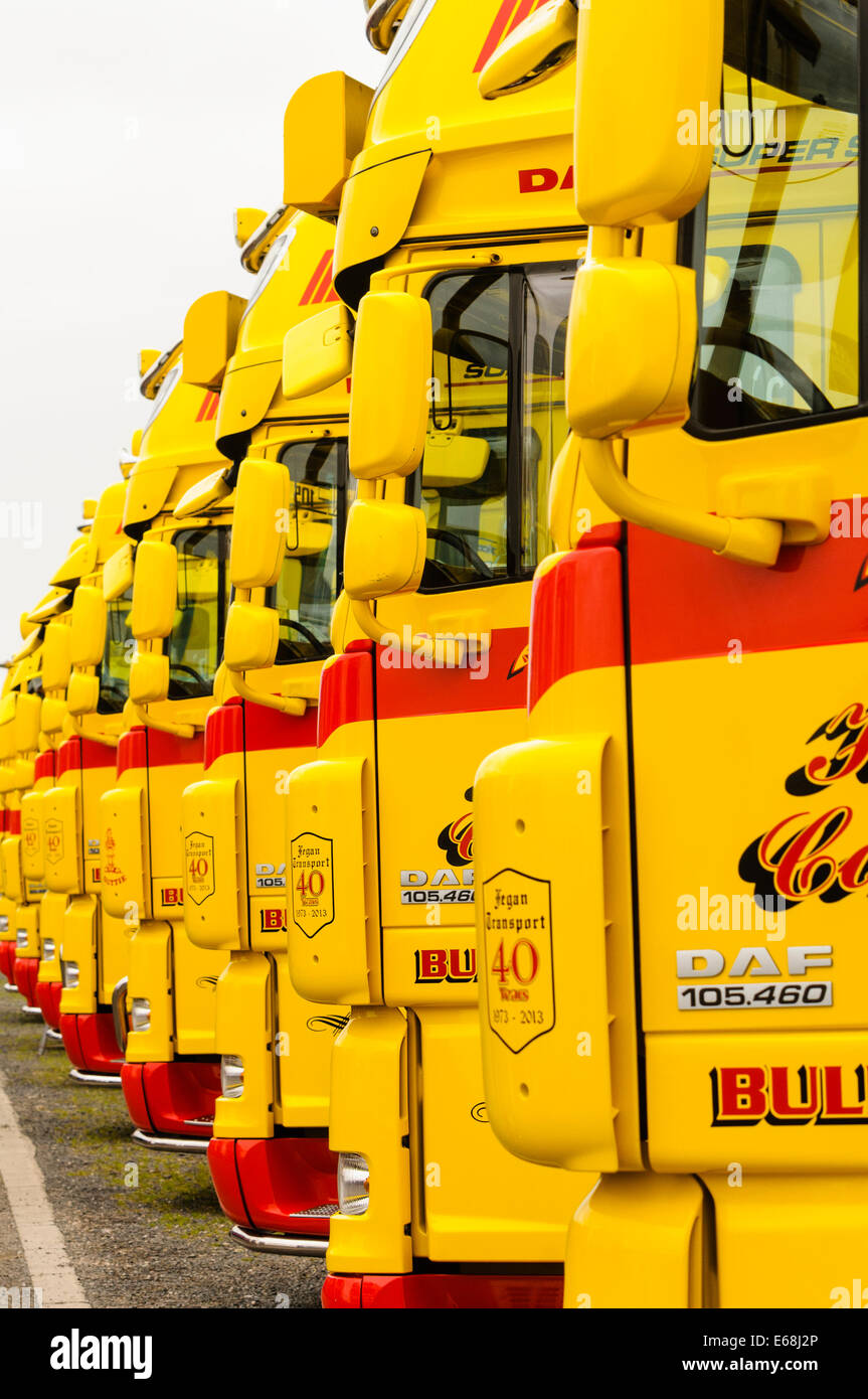 Zeile mit gelben und roten Lastwagen bis geparkt. Stockfoto