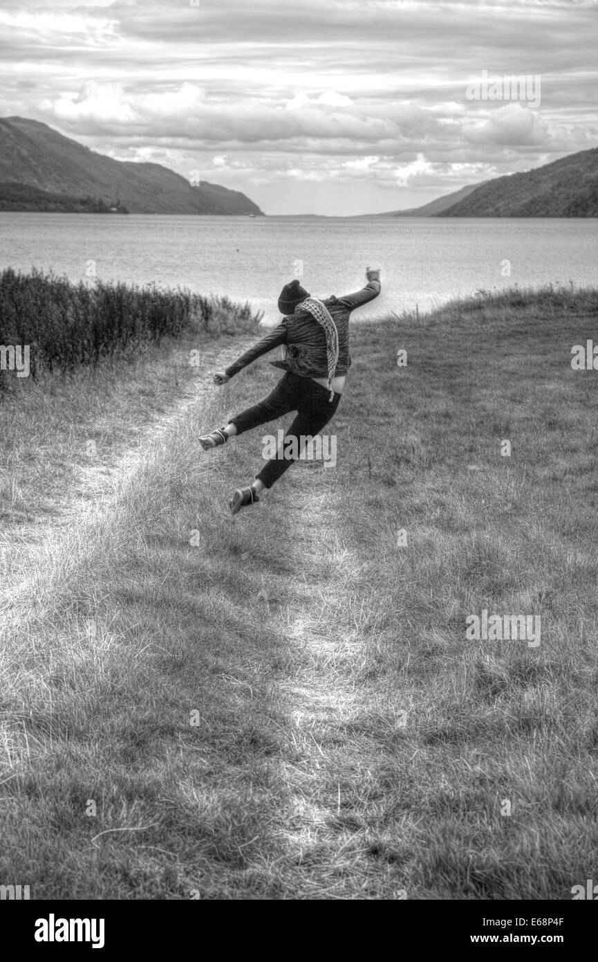 Der Ausbruch mit dem Ausdruck ihrer Freude, nach erreichen der endgültigen Bestimmungsort Loch Ness in Schottland Stockfoto
