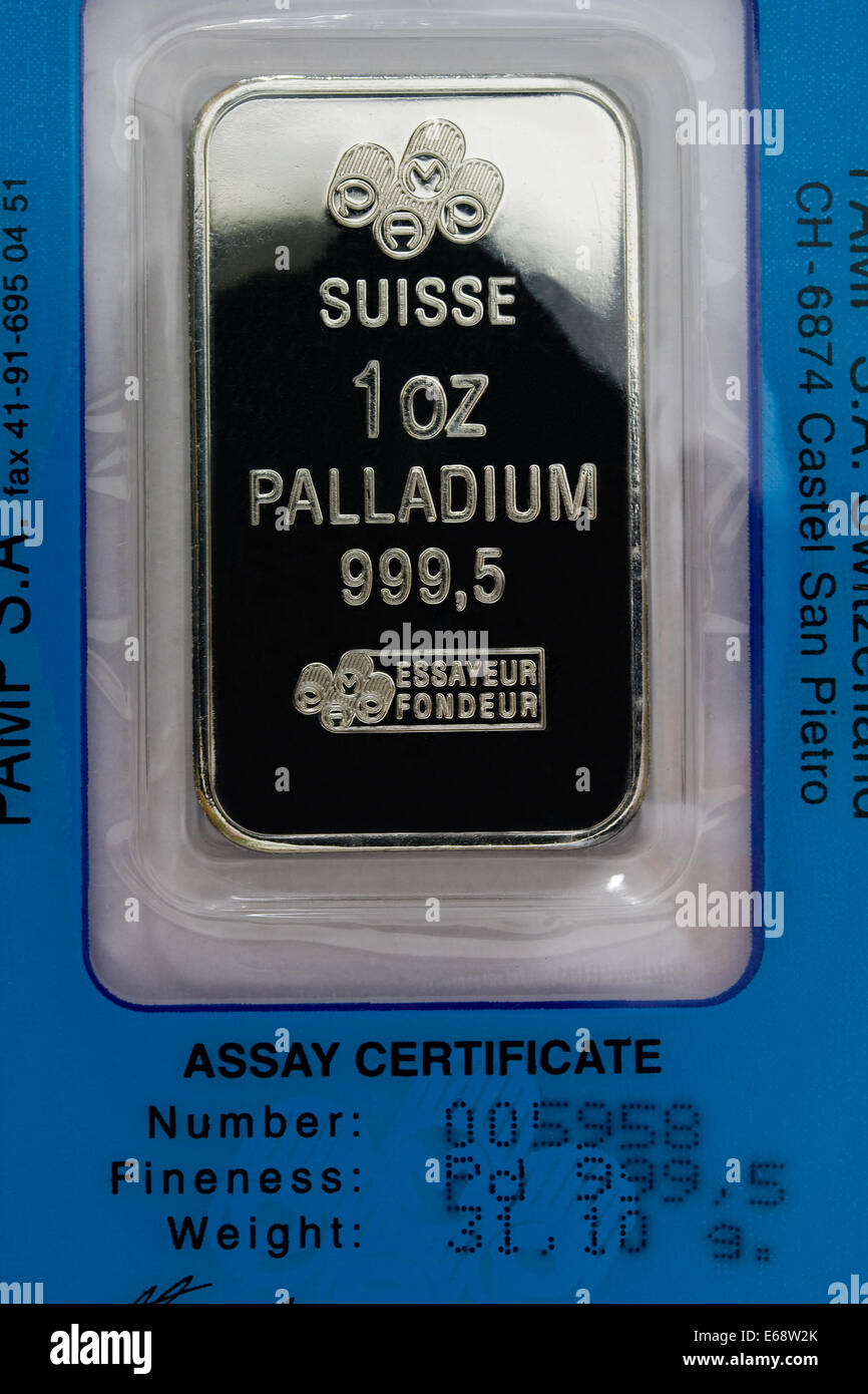 Eine Feinunze 999.5 Fine Palladium Bar mit Assay Zertifikat - Investment-Grade-Edelmetalle Stockfoto