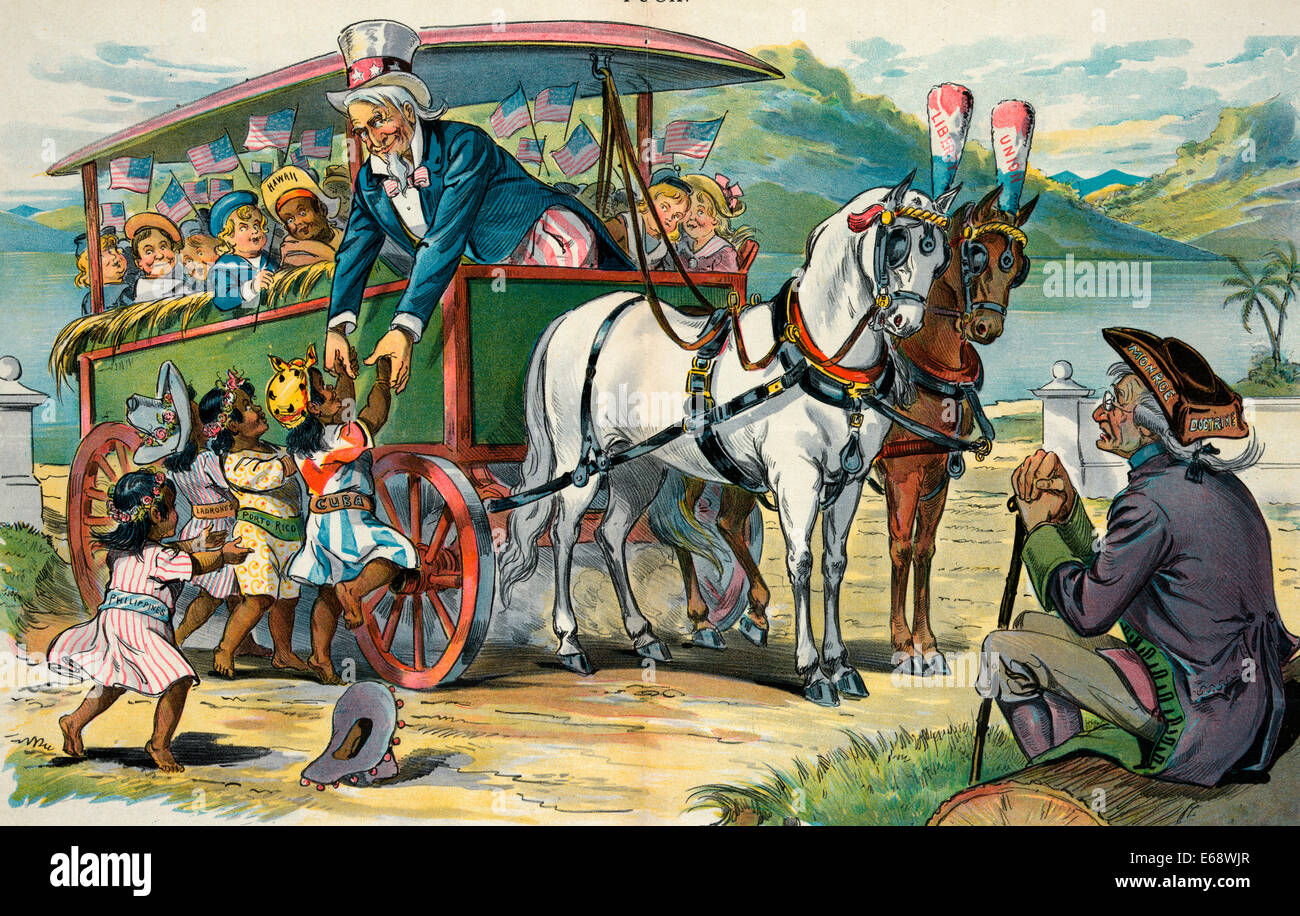Uncle Sams Picknick - Uncle Sam helfen vier kleine Mädchen mit der Bezeichnung 'Philippinen, Ladrones, Porto Rico, AndCuba' auf einen Wagen, gefüllt mit vielen anderen Kindern, einschließlich "Hawaii"; zwei Pferde vorgespannt, die Wagen sind "Freiheit" und "Union" beschriftet. Ein Alter Mann, einen Hut mit der Aufschrift "Monroe-Doktrin", sitzt auf einem Baumstamm in der Nähe und bittet Sam, wenn der Wagen nicht zu voll immer. Politische Karikatur, 1898 Stockfoto