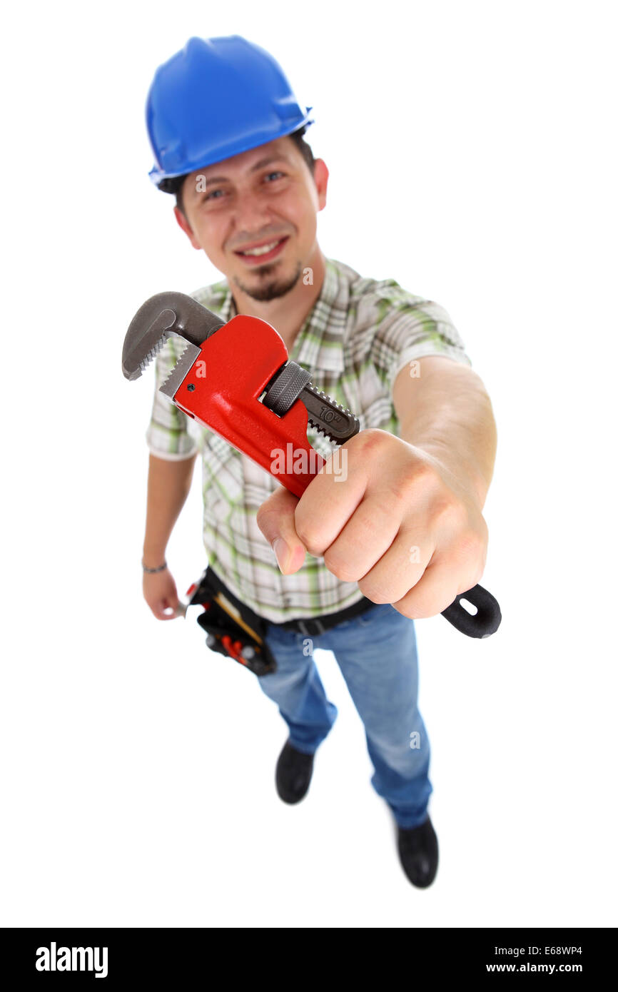 Ein Klempner hält eine rote Rohrzange. Stockfoto