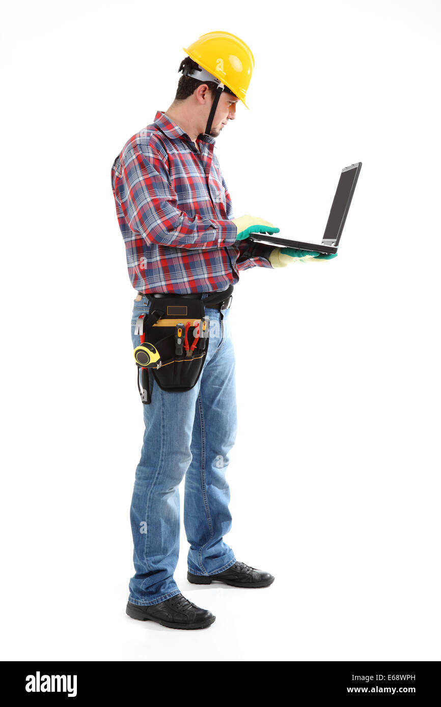 Bauarbeiter mit Laptop Stockfoto