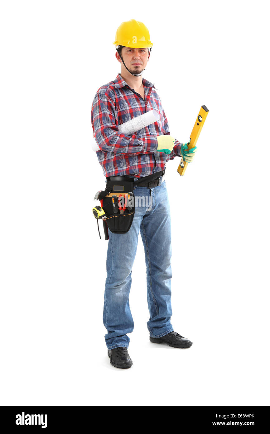 Tischler Auftragnehmer Mann trägt Toolbelt Bauarbeiterhelm Stockfoto