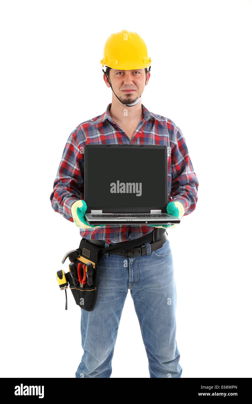 Bauarbeiter mit Laptop Stockfoto