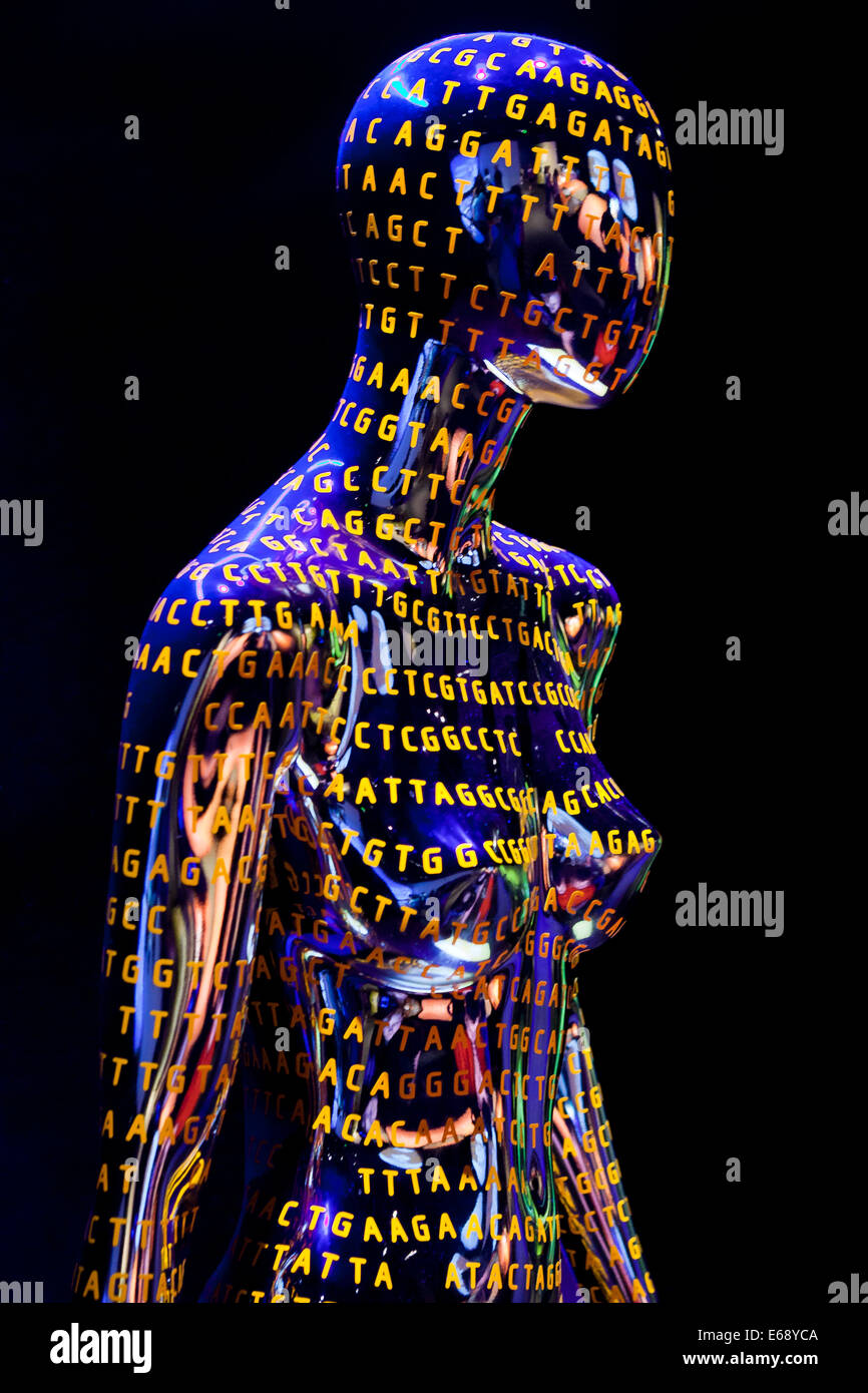 Weibliche Figur mit DNA-Sequenz zur Veranschaulichung Humangenom - USA Stockfoto