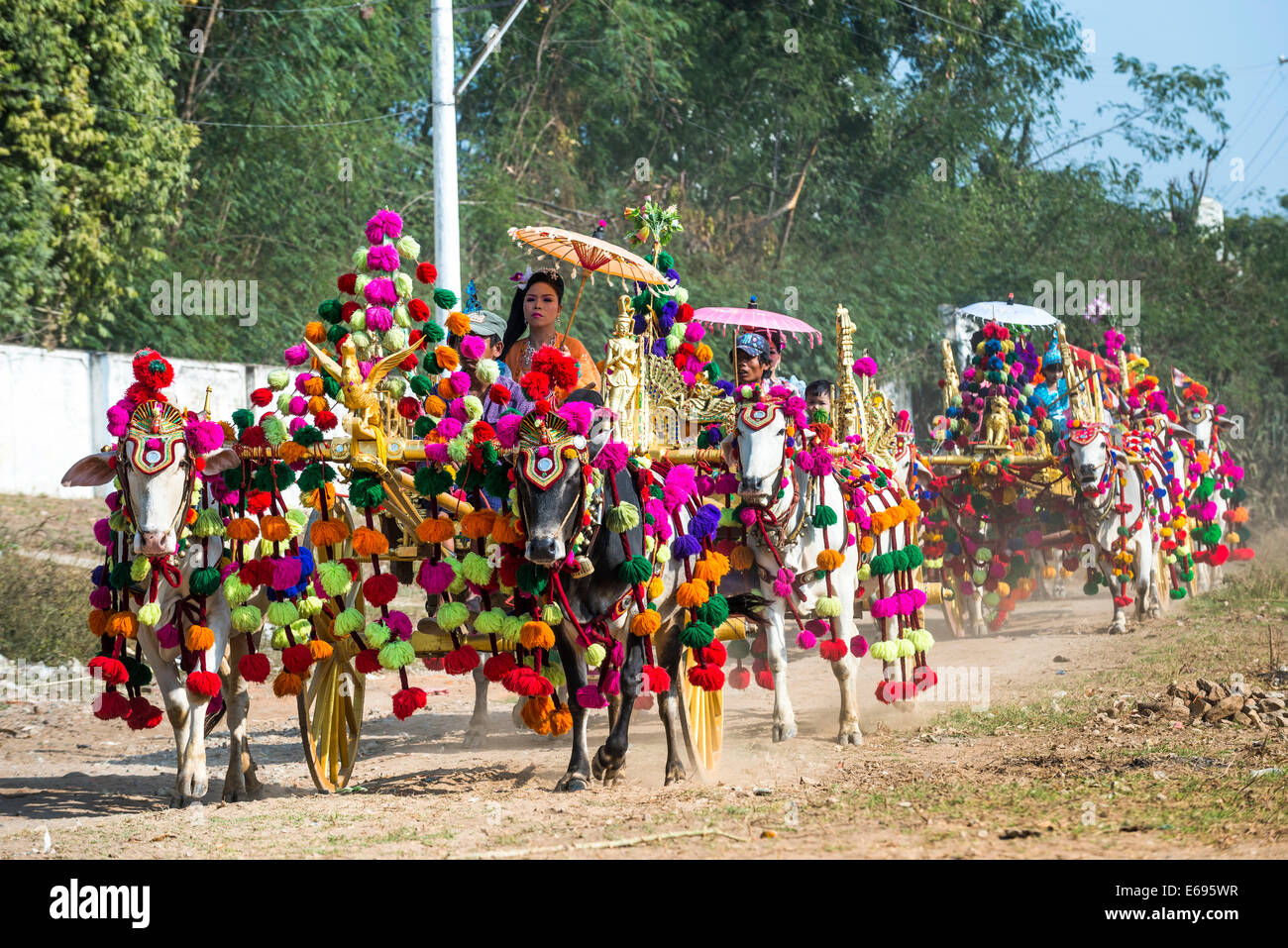 Festlich geschmückten Ochsen Karren, Sagaing, Sagaing Region, Myanmar Stockfoto