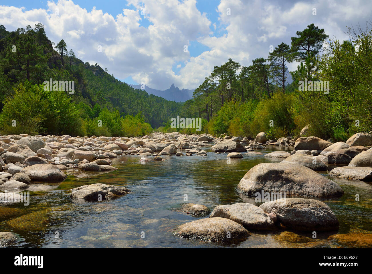 Flussbett des Flusses Solenzara in der Aiguilles de Bavella, Korsika, Frankreich Stockfoto