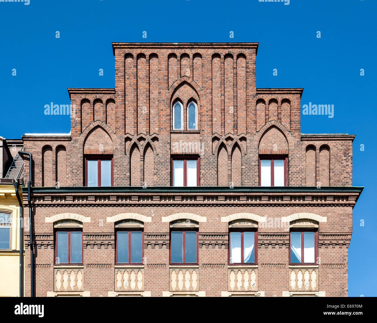 Brandenburg-Haus, Brandenburgska Huset, historischen Stadthaus, Büro und Geschäftshaus, Giebel Haus, Skeppsbron, historische Stockfoto