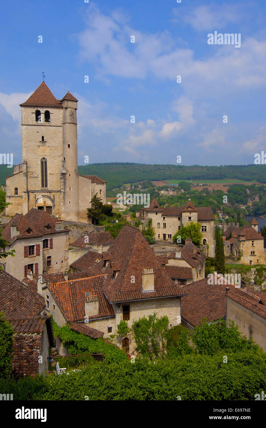 Stadtbild, Saint-Cirq-Lapopie, Midi-Pyrénées, Frankreich, Département Lot, Lot-Tal Stockfoto