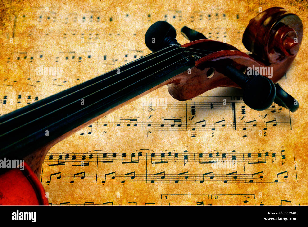 Grunge Violine und Bogen Stockfoto