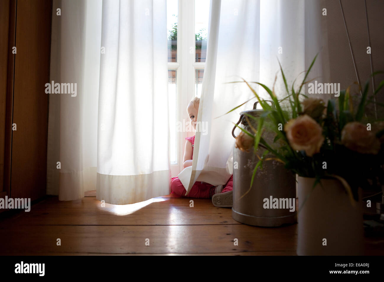 Junges Mädchen spielen und peering hinter undurchsichtigen weißen Vorhängen. Stockfoto